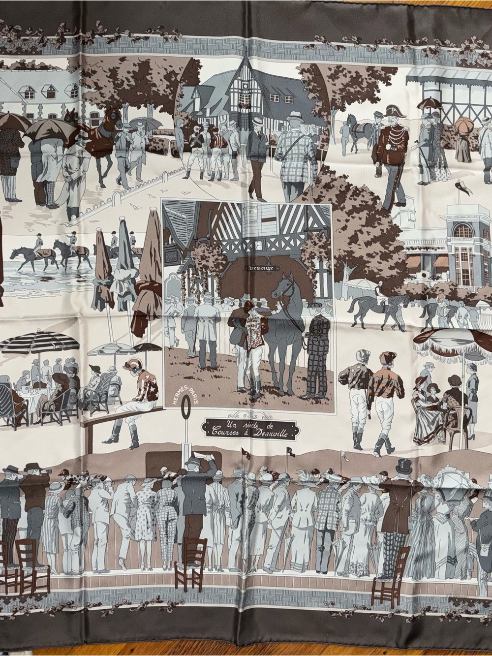 Hermes Scenic Equestrian Print Silk Scarf in Brown, Gray, Cream
